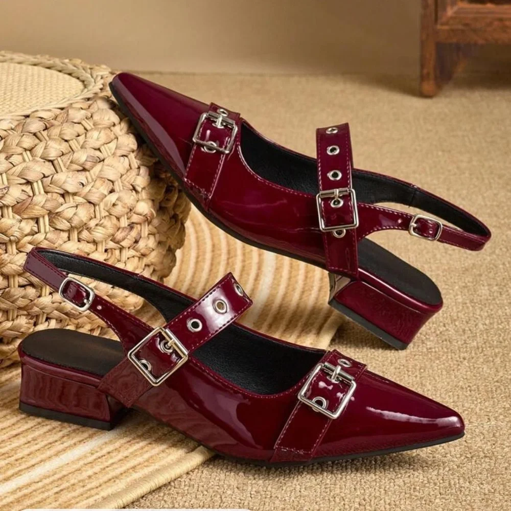 Rebellious Rose Burgundy Flats with Buckle Straps - Picture 3 of 4